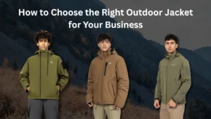 Three men wearing WHFronter outdoor jackets in mountain scenery, showing softshell and insulated designs for business buyers.