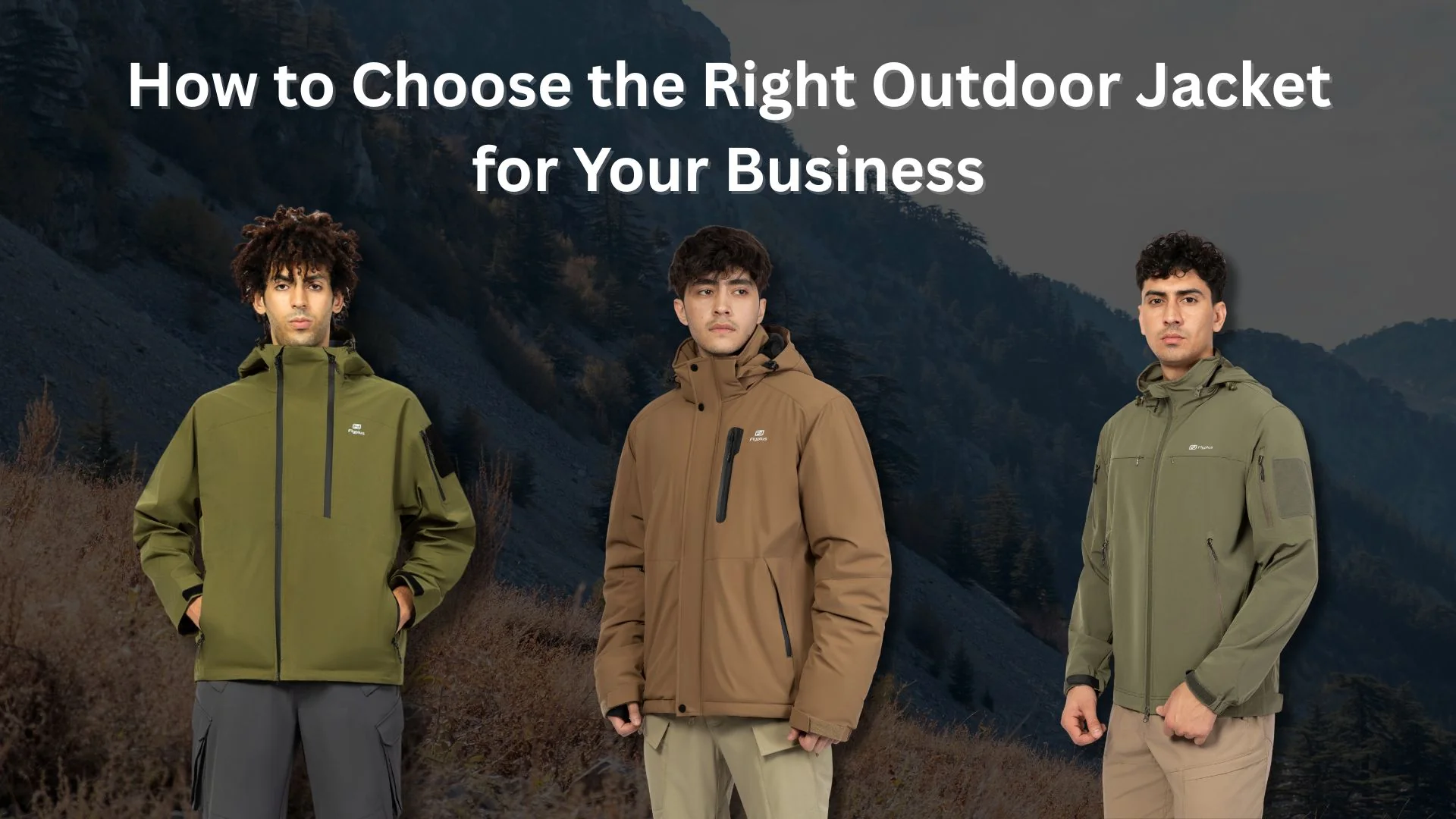 Three men wearing WHFronter outdoor jackets in mountain scenery, showing softshell and insulated designs for business buyers.