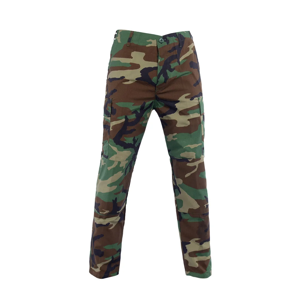 Men’s woodland camo BDU pants made from durable ripstop fabric. Multi-pocket design, breathable and ideal for army training and outdoor missions.