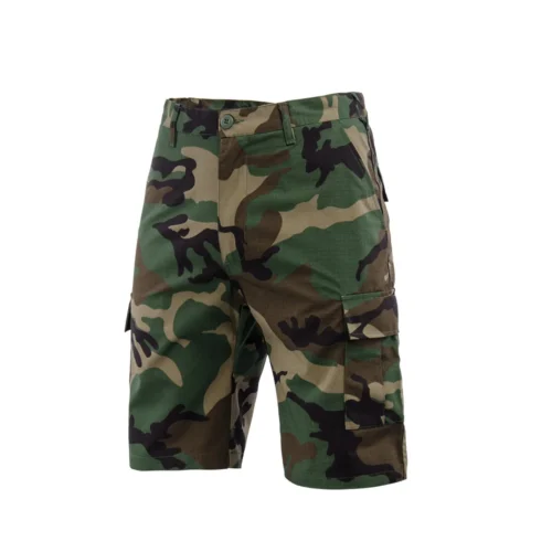 Men’s woodland camo cargo shorts with reinforced stitching and adjustable waist. Designed for comfort and durability in outdoor operations.