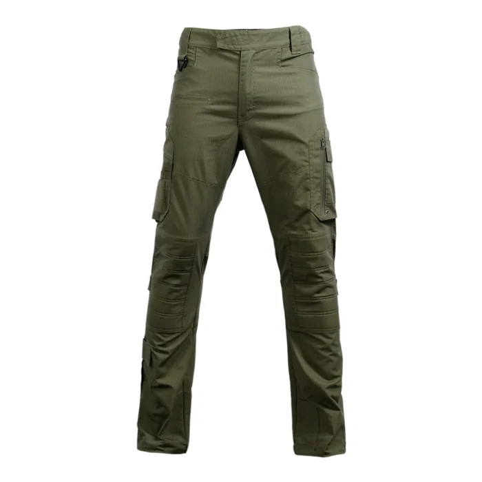 Army green tactical pants designed for outdoor missions and industrial work, featuring reinforced knees and side cargo pockets for tools.