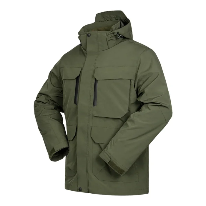 Army green 3 in 1 waterproof jacket for men featuring a detachable fleece liner and hooded outer shell. Ideal for hiking, camping, and cold-weather work.