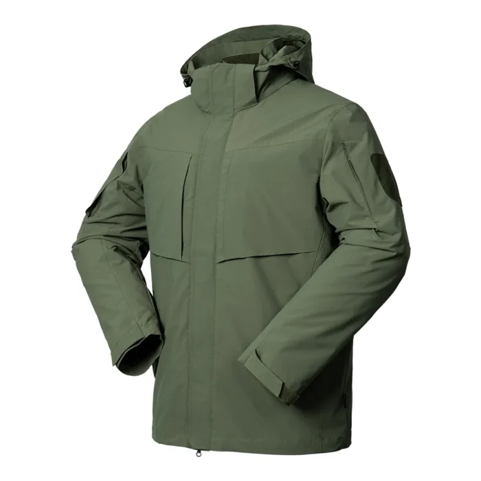 Army green 3 in 1 waterproof jacket for men, featuring detachable fleece liner and waterproof outer shell. Built for cold-weather performance.