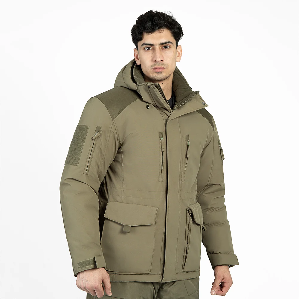 Army green tactical winter jacket for men with adjustable cuffs, multiple storage pockets, and thick insulation. Ideal for cold-weather missions.