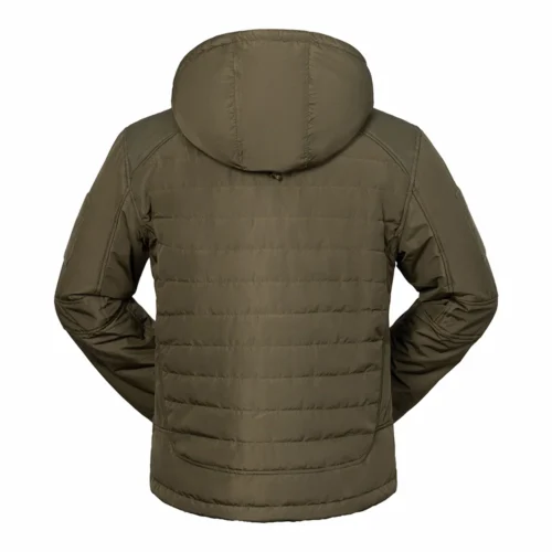 Army green tactical winter jacket with padded insulation and hooded design. Warm, windproof, and ideal for tactical missions or outdoor work.
