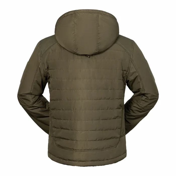 Army green tactical winter jacket with padded insulation and hooded design. Warm, windproof, and ideal for tactical missions or outdoor work.