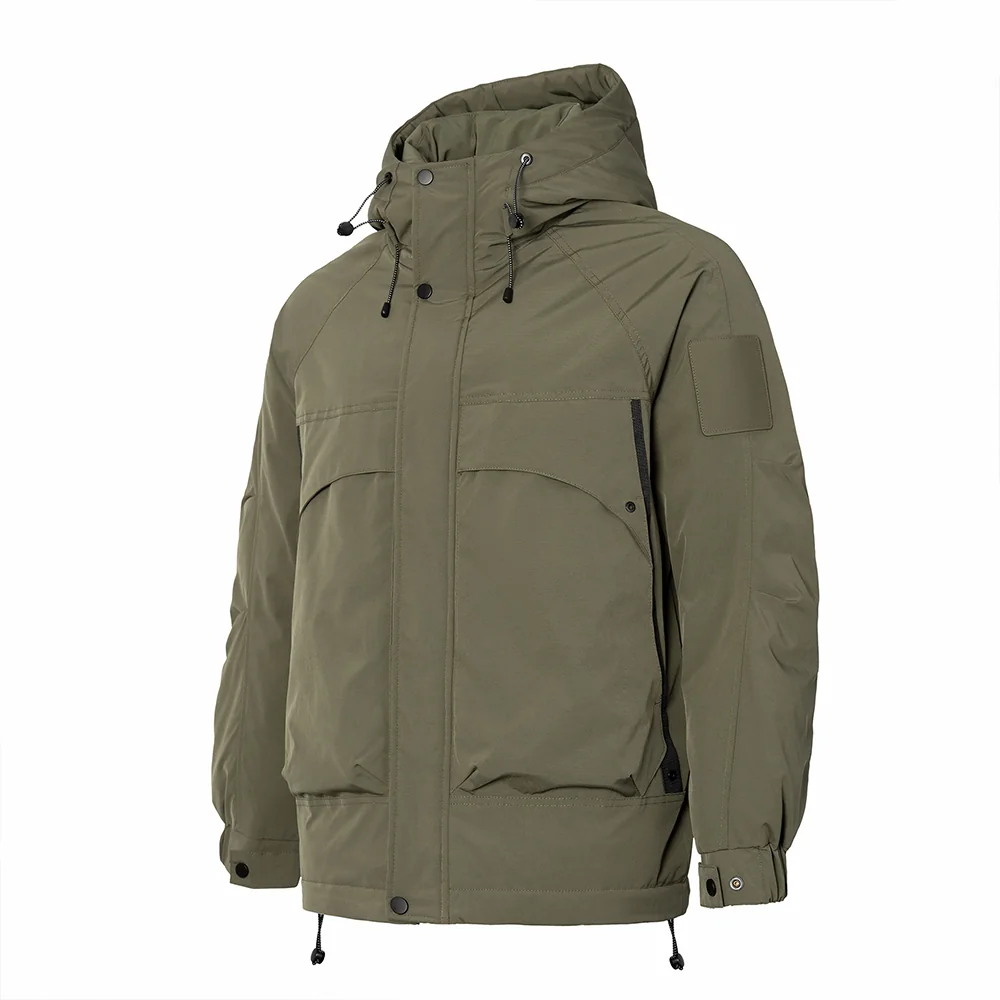 Men’s army green down puffer jacket with hood and side pockets. Insulated, windproof, and perfect for cold-weather activities.