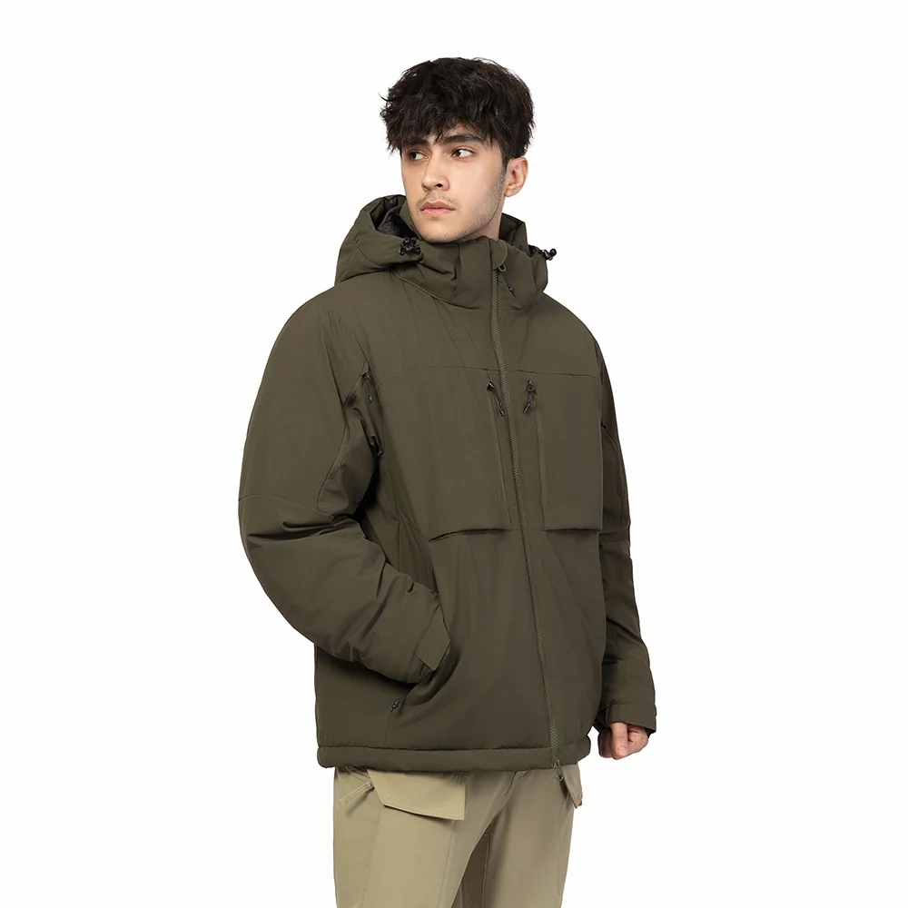 Men’s army green winter waterproof jacket with hooded design and multiple pockets. Windproof and insulated for cold-weather wear.