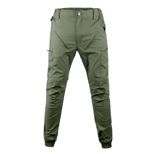 Army green outdoor pants featuring ripstop fabric, elastic waistband, and cargo pockets. Perfect for mountaineering, training, or travel.