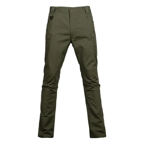 Army green hiking pants with ripstop fabric, elastic waistband, and multiple utility pockets, ideal for outdoor work and camping.
