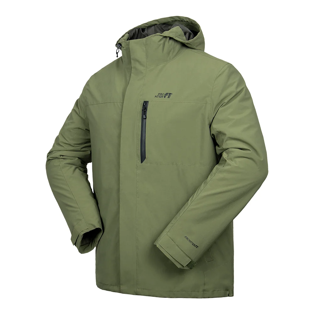 Army green 3 in 1 waterproof jacket designed for outdoor sports. Includes removable fleece liner, waterproof shell, and adjustable cuffs for comfort.