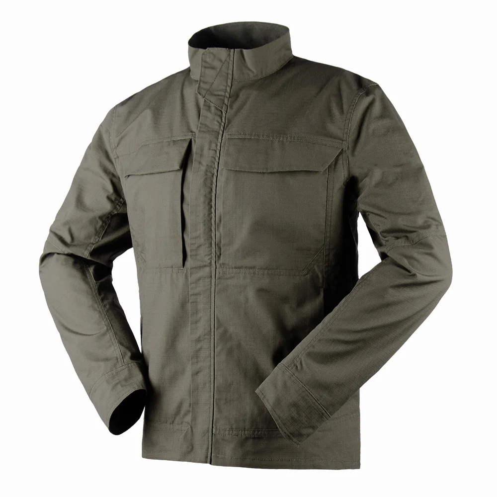 Army green tactical coat made from durable cotton-blend ripstop fabric. Designed for rugged use in military, patrol, or outdoor operations.
