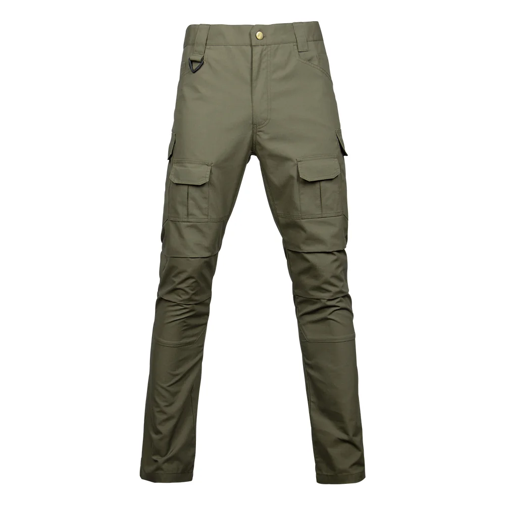 Army green tactical pants for men with adjustable waist straps, zipper closure, and large utility pockets, designed for military and outdoor workwear.