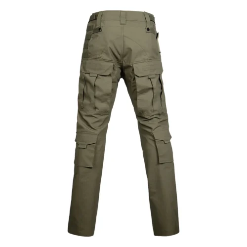 Back view of army green waterproof tactical pants showing reinforced stitching, belt loops, and multiple back pockets for heavy-duty use.