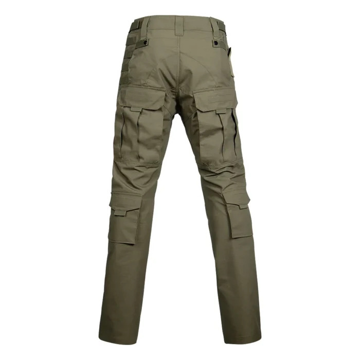 Back view of army green waterproof tactical pants showing reinforced stitching, belt loops, and multiple back pockets for heavy-duty use.