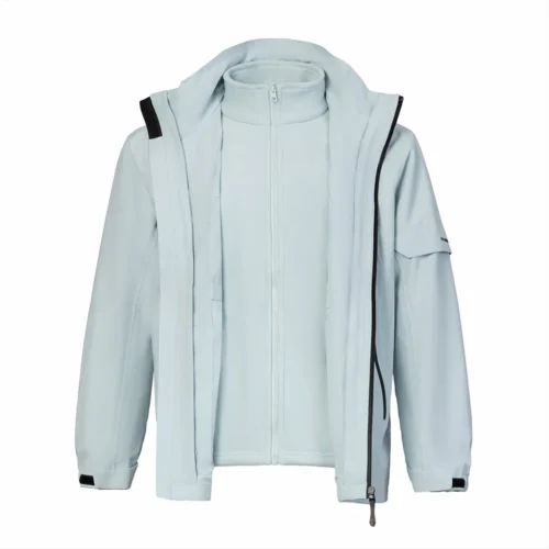 Light glacier blue 3 in 1 men’s waterproof jacket with breathable outer shell and removable fleece liner. Designed for outdoor travel and active wear.