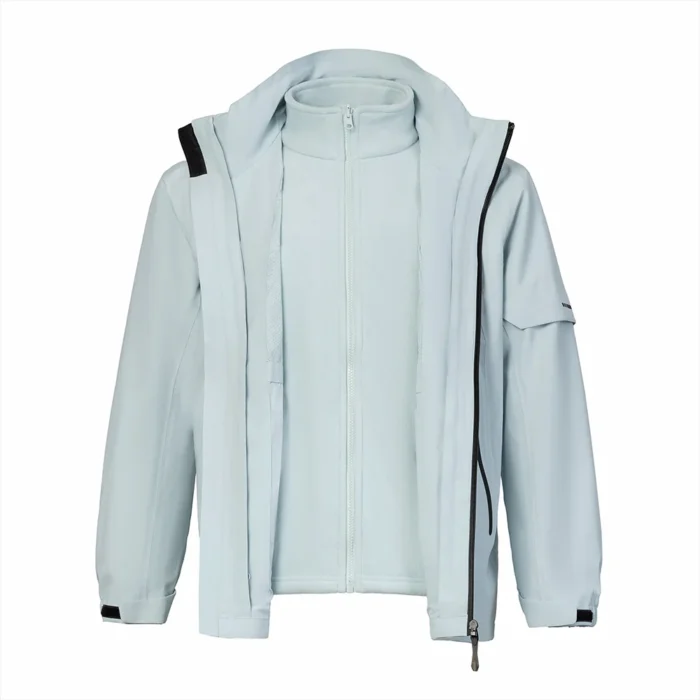 Light glacier blue 3 in 1 men’s waterproof jacket with breathable outer shell and removable fleece liner. Designed for outdoor travel and active wear.
