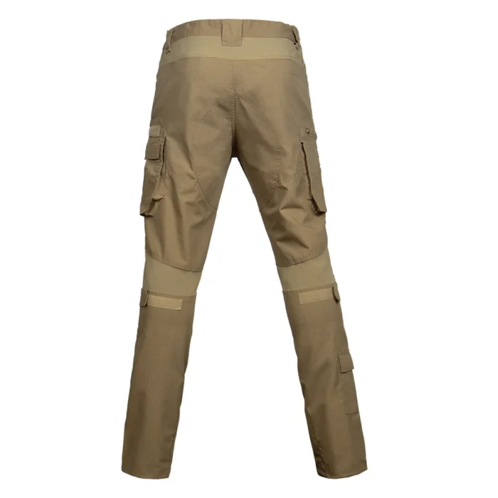 Khaki tactical pants with ripstop construction and multiple cargo pockets, ideal for field operations, factory uniforms, and tactical use.