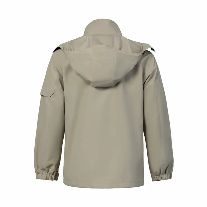Back view of beige khaki 3 in 1 men’s waterproof jacket with detachable hood and windproof construction, suitable for outdoor hiking and travel wear.