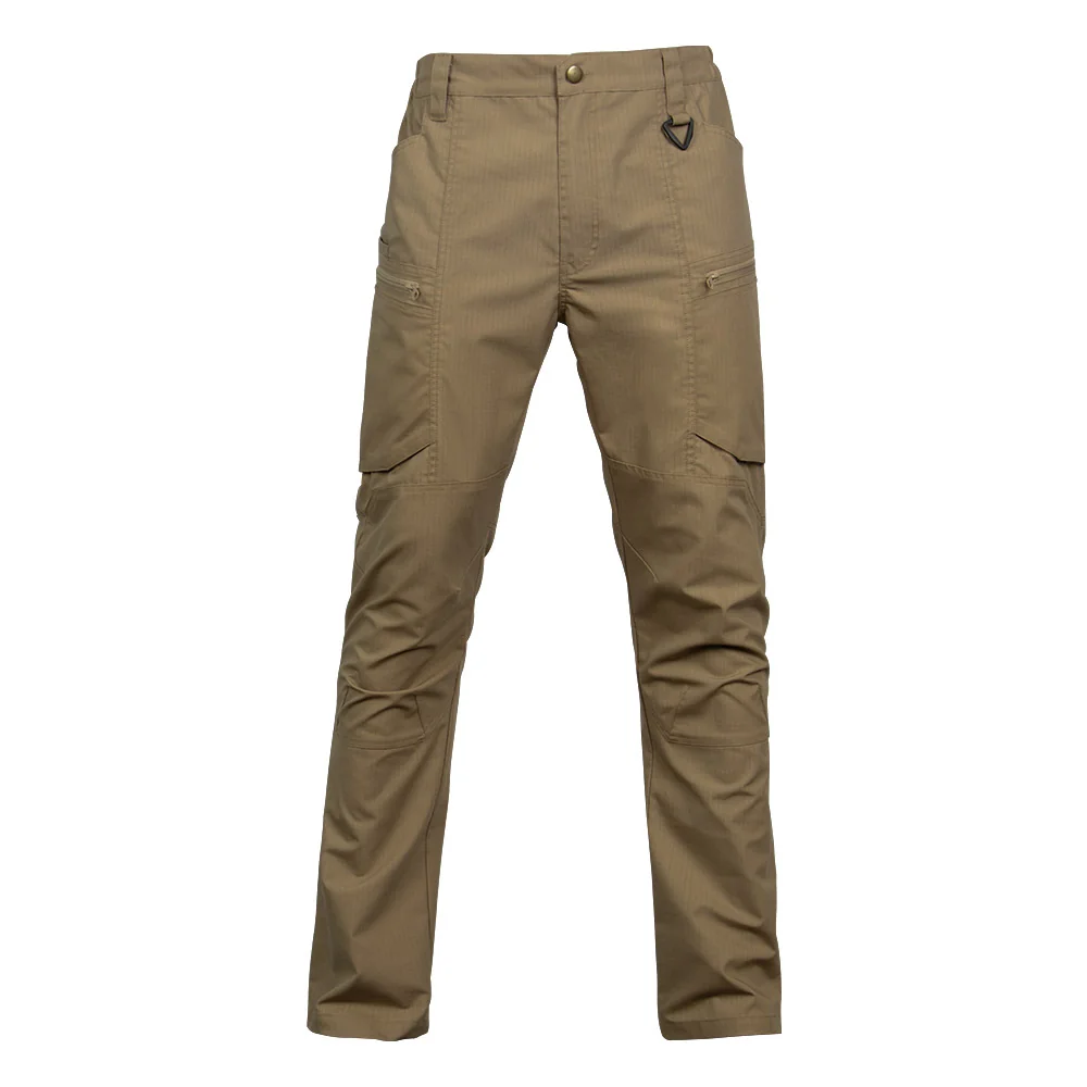 Khaki outdoor work pants made from tear-resistant fabric, featuring multiple utility pockets and ergonomic design for daily industrial use.