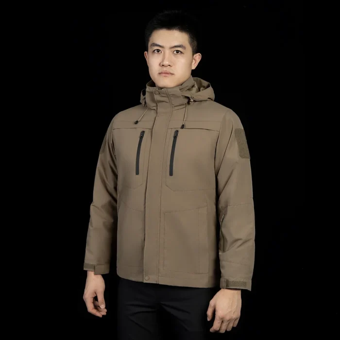 Khaki winter tactical coat featuring a waterproof shell and detachable fleece liner. Built for tactical missions, cold weather, and outdoor protection.