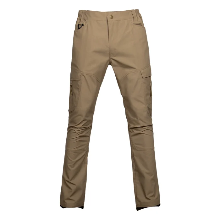 Khaki outdoor pants for men with quick-dry fabric, multiple zip pockets, and ergonomic knee design, ideal for camping and trekking use.
