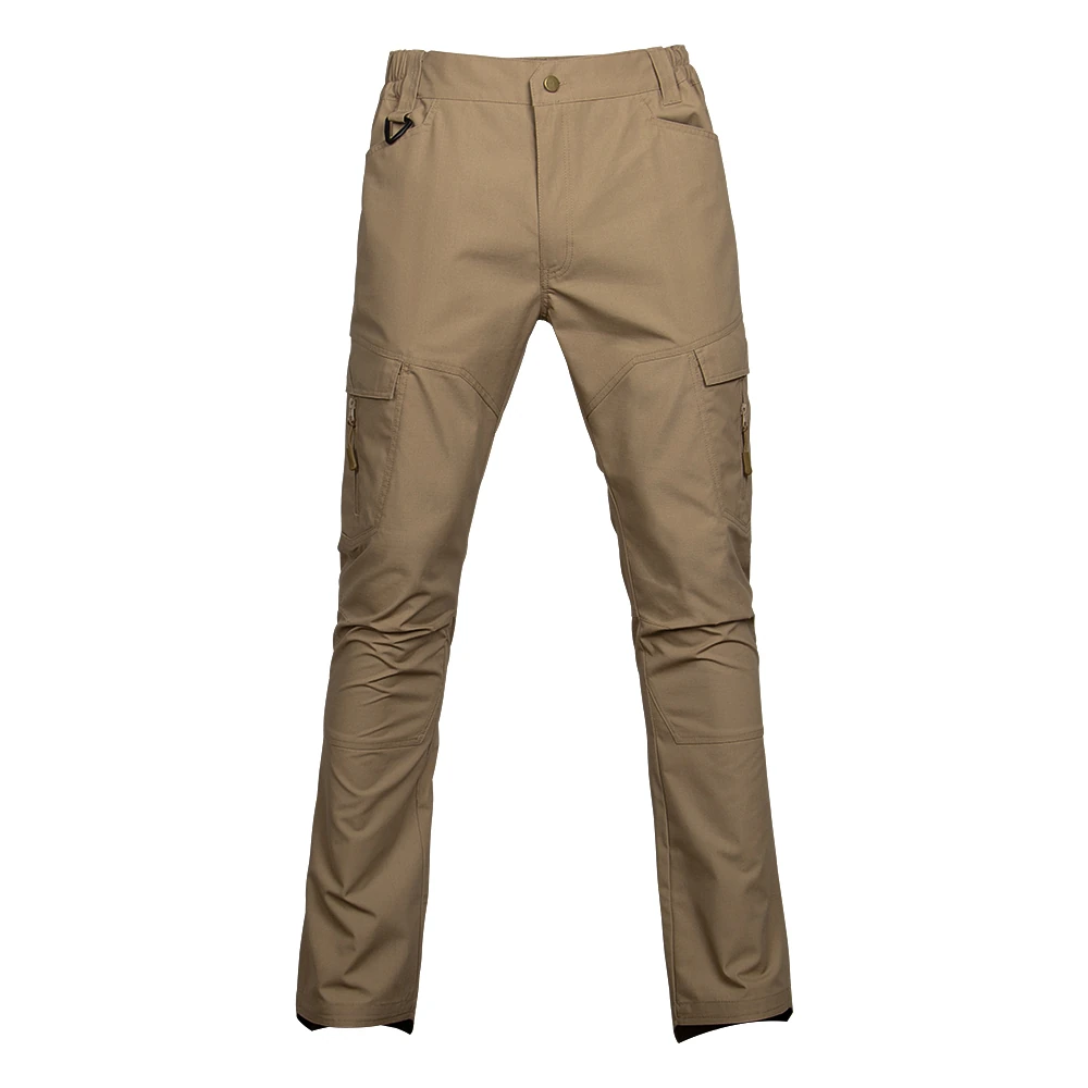 Khaki outdoor pants for men with quick-dry fabric, multiple zip pockets, and ergonomic knee design, ideal for camping and trekking use.