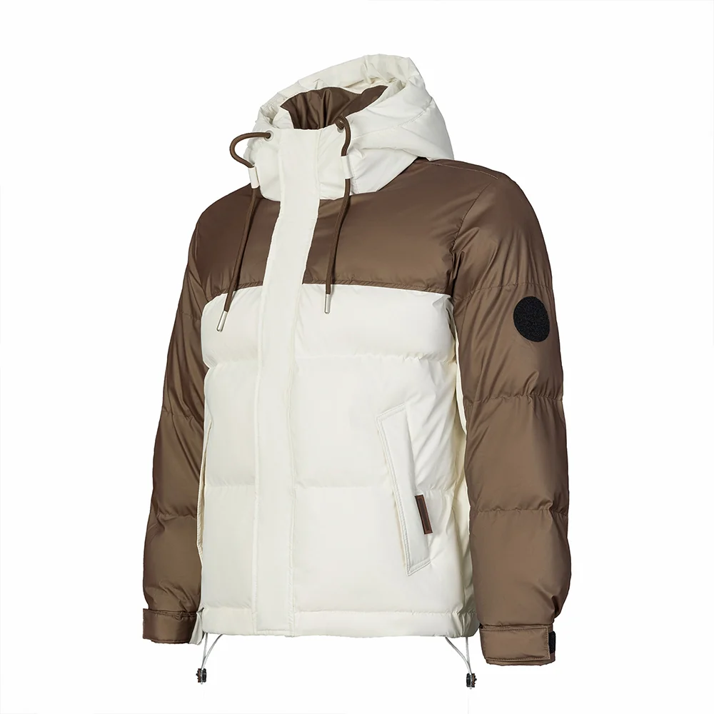 Men’s brown and white down jacket with hood and zip pockets. Stylish colorblock design, lightweight warmth for winter wear.