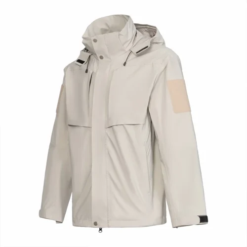 Beige sand 3 in 1 waterproof jacket with detachable fleece liner and windproof outer shell. Ideal for hiking, camping, and outdoor activities in cool weather.