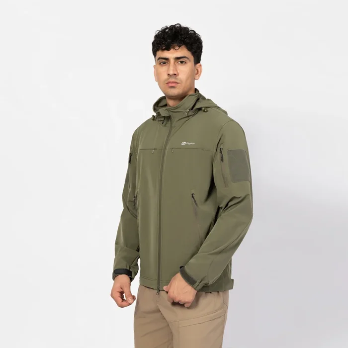 Lightweight olive jacket with water-resistant shell and multiple zip pockets. Ideal for hiking, trekking, and everyday adventure.