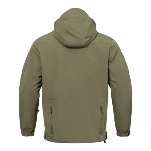 Back view of olive green lightweight jacket featuring adjustable hood and zip pockets. Durable, breathable, and built for all-weather comfort.