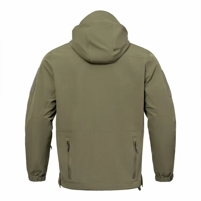 Back view of olive green lightweight jacket featuring adjustable hood and zip pockets. Durable, breathable, and built for all-weather comfort.