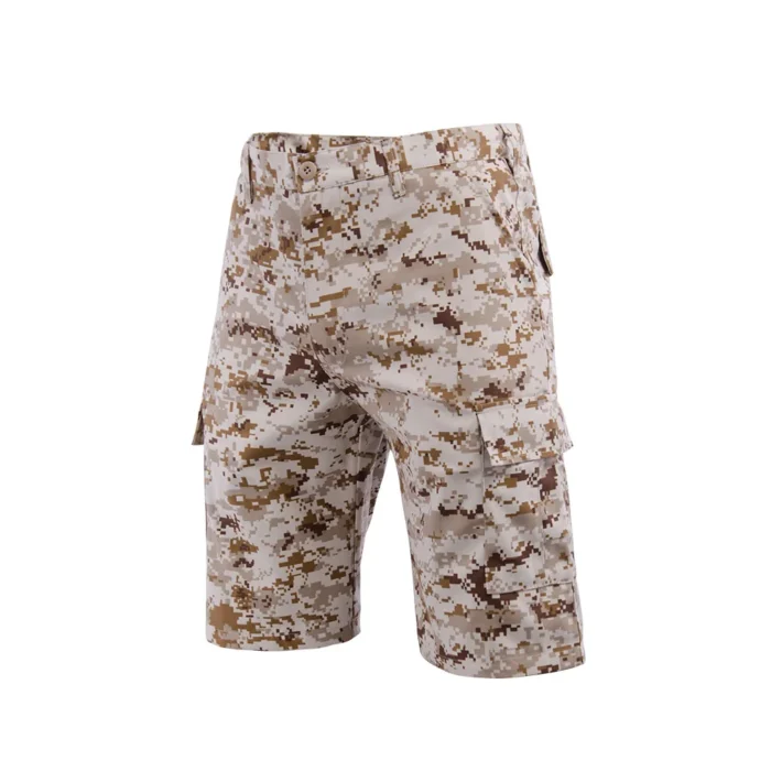 Men’s desert digital camo cargo shorts made from ripstop fabric. Lightweight, durable, and ideal for tactical training, airsoft, or outdoor missions.
