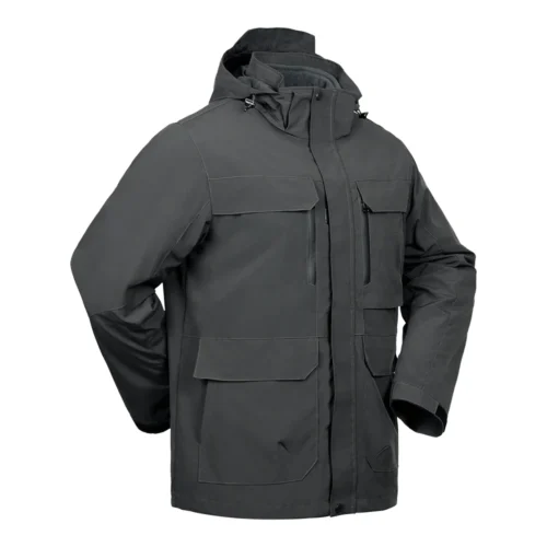 Dark gray 3 in 1 waterproof jacket for men with windproof shell and removable inner fleece. Designed for outdoor travel and winter protection.