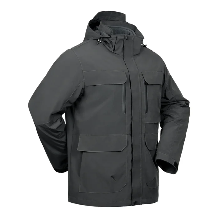 Dark gray 3 in 1 waterproof jacket for men with windproof shell and removable inner fleece. Designed for outdoor travel and winter protection.