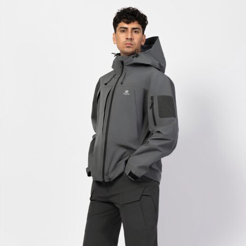 Dark grey waterproof shell jacket built with breathable, weatherproof material. Provides reliable rain and wind protection for outdoor activities.