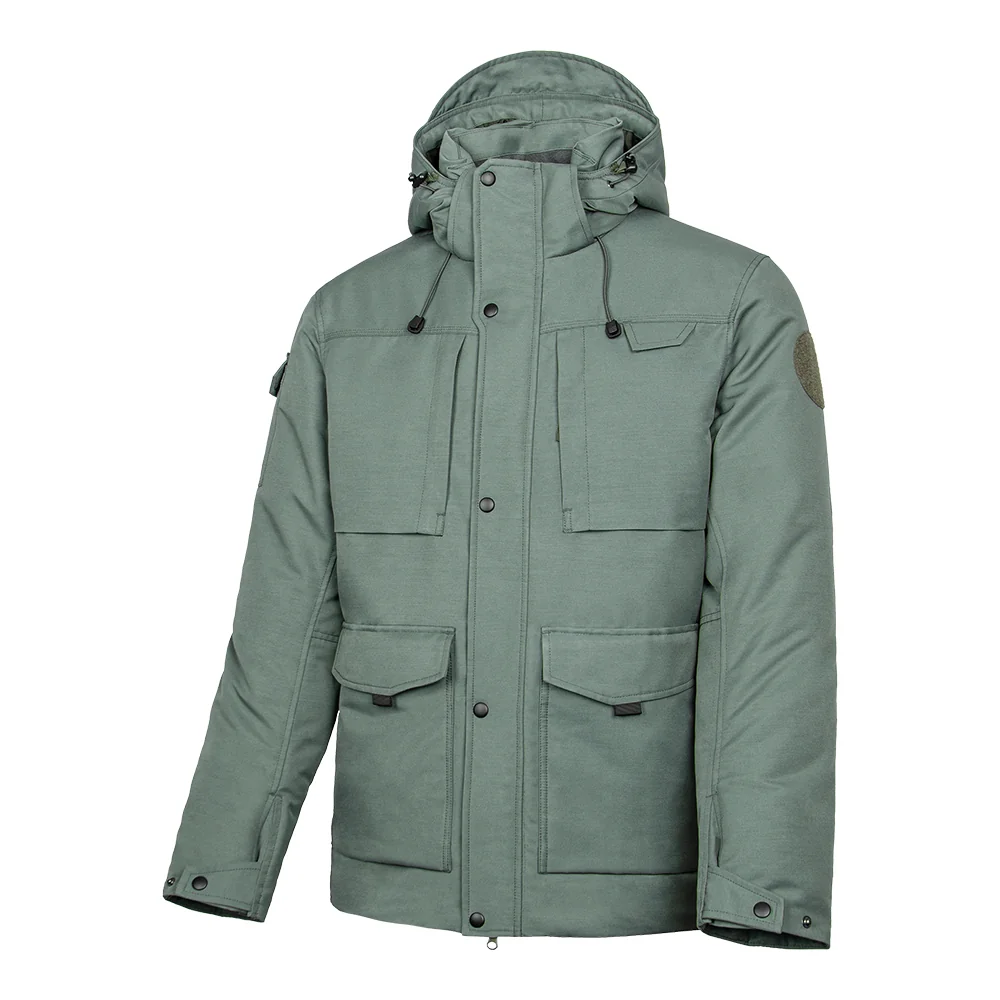 Gray green tactical winter jacket designed for extreme cold. Features multiple cargo pockets, windproof shell, and insulated hood for outdoor missions.