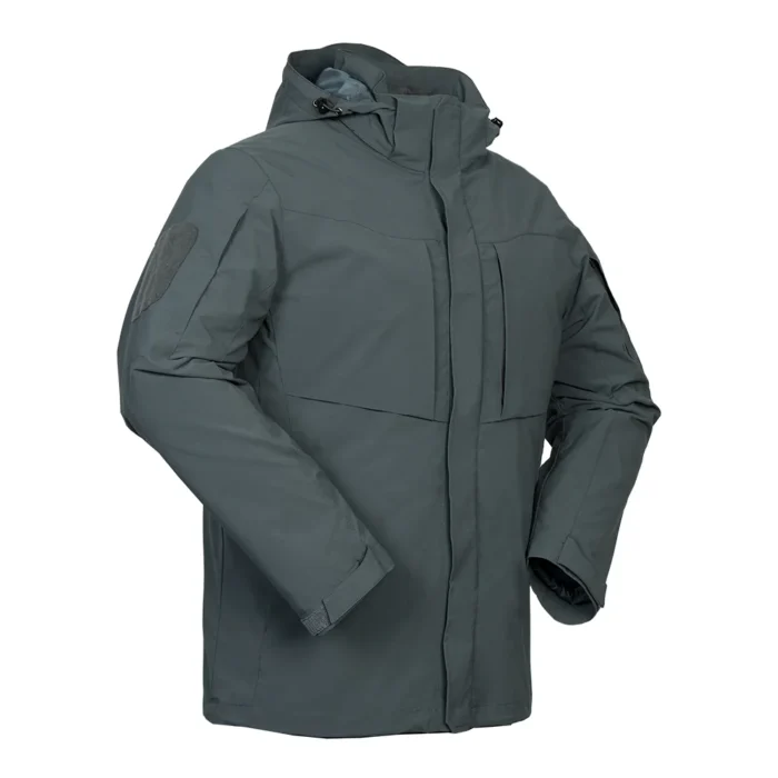 Gray waterproof jacket for men featuring detachable inner liner and high-collar hooded shell. Ideal for outdoor work and travel.