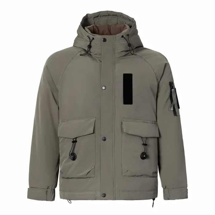 Front view of men’s grey down jacket featuring hood, adjustable cuffs, and utility pockets. Ideal for cold-weather protection.