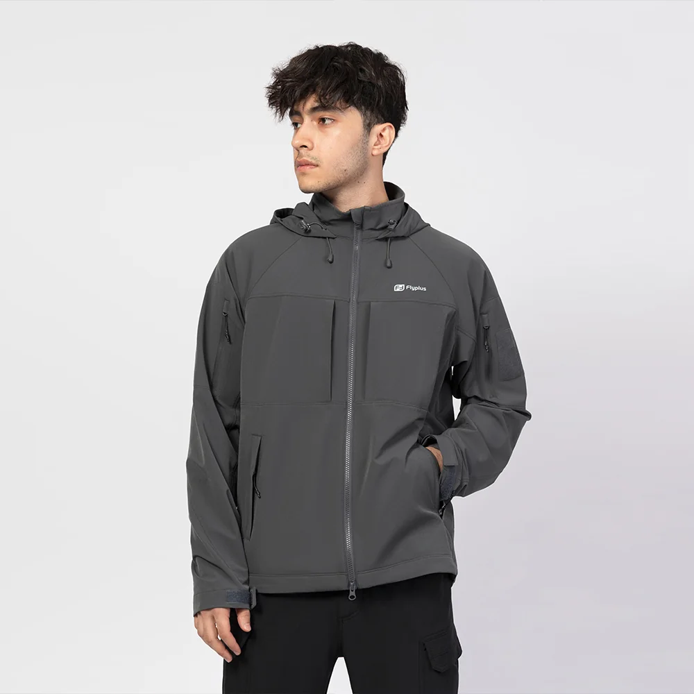 Grey spring jacket for men with hood and elastic fabric. Lightweight, breathable, and water-repellent—ideal for outdoor sports and daily wear.