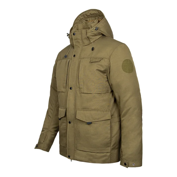 Wolf brown tactical winter jacket with multi-pocket design and thick insulation. Ideal for outdoor patrol, tactical use, and cold-weather protection.