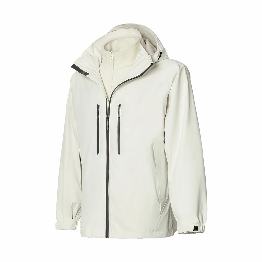 White 3 in 1 waterproof jacket featuring a soft fleece inner layer and durable outer shell. Perfect for hiking, work, or travel.