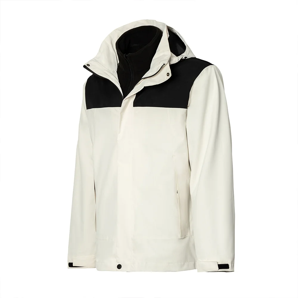 White 3 in 1 waterproof jacket featuring a soft fleece inner and durable outer shell. Lightweight, breathable, and weather-resistant.