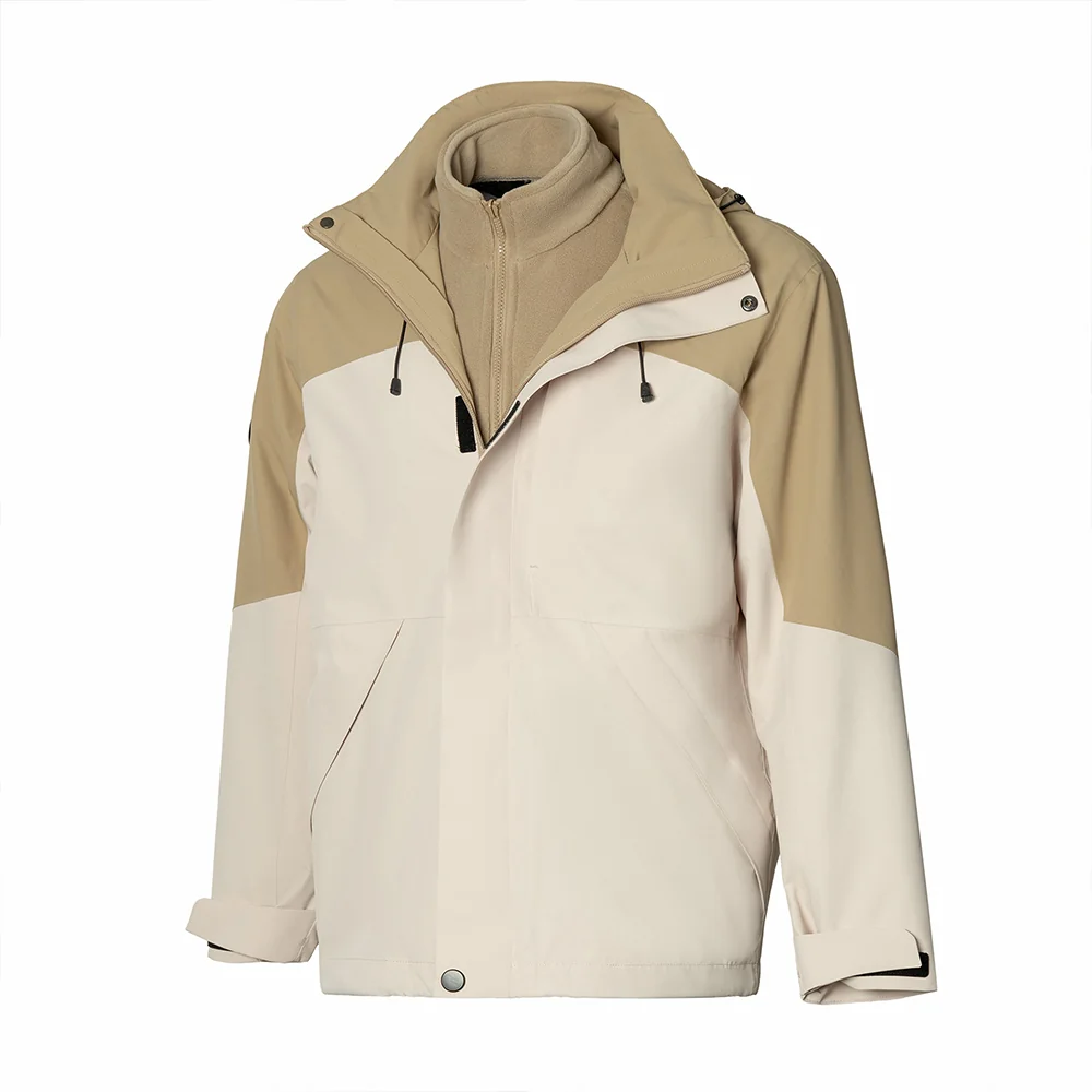 Beige and khaki 3 in 1 men’s waterproof jacket with detachable fleece liner and adjustable cuffs. Ideal for outdoor adventures.