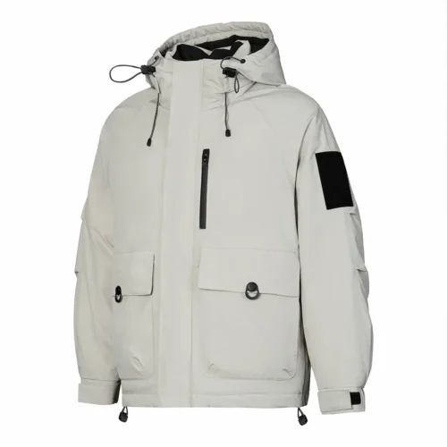 Men’s beige down jacket with hood and waterproof zipper pocket. Lightweight, insulated design for outdoor winter comfort.
