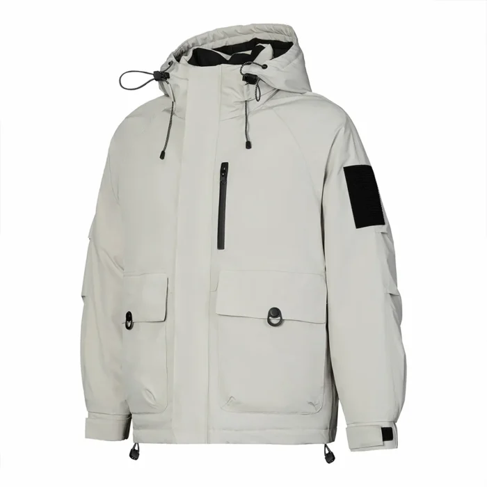 Men’s beige down jacket with hood and waterproof zipper pocket. Lightweight, insulated design for outdoor winter comfort.