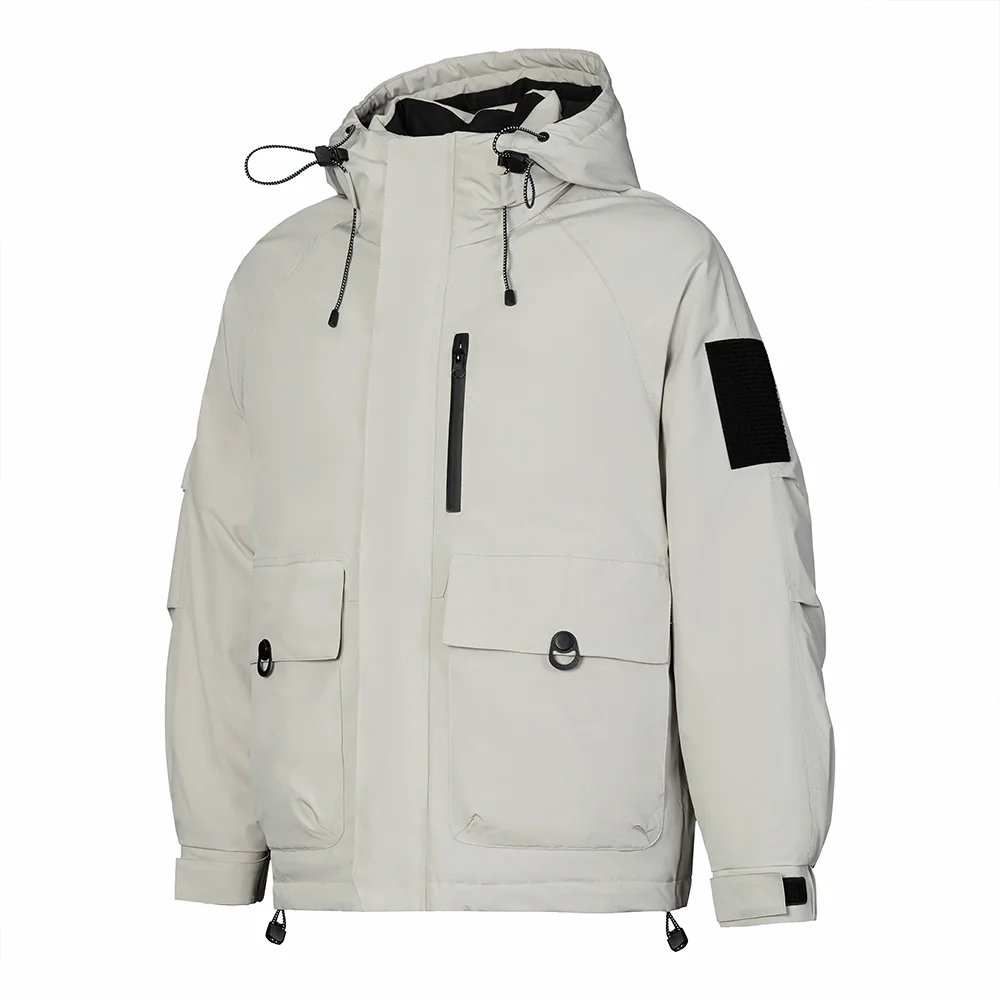 Men’s beige down jacket with hood and waterproof zipper pocket. Lightweight, insulated design for outdoor winter comfort.
