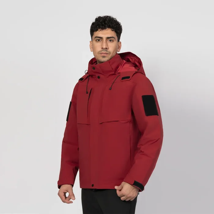 Crimson red 3 in 1 waterproof jacket with breathable shell and detachable fleece liner. Perfect for cold weather, hiking, and all-season outdoor wear.