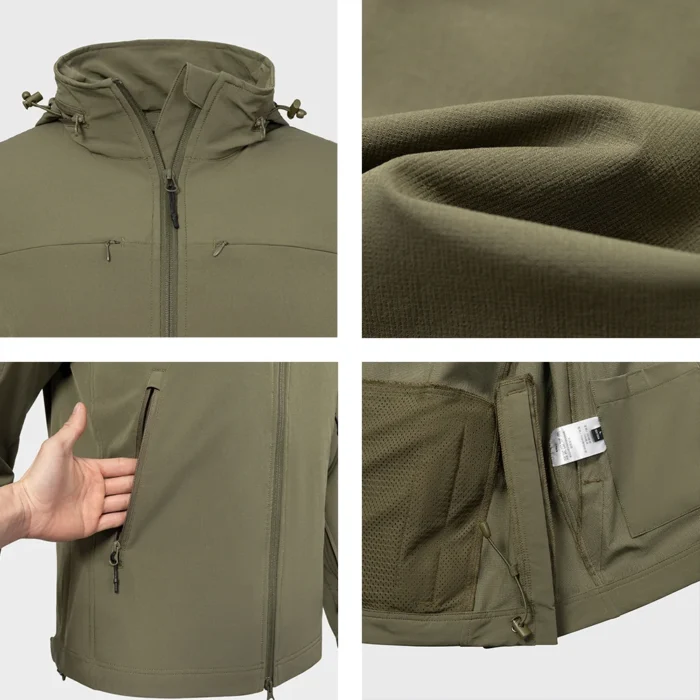 Close-up of lightweight jacket details showing softshell fabric, mesh lining, and functional zipper design for durability and breathability.
