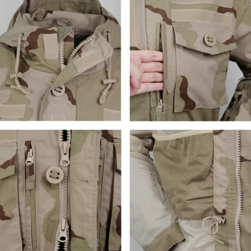 Close-up of waterproof camo jacket showing sturdy zipper, mesh lining, and reinforced stitching for long-lasting tactical use.